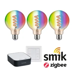 Preisattraktives Starterset Smart Home Zigbee 3.0 - LED Birne Filament G95 RGBW + Gateway + Schalter
